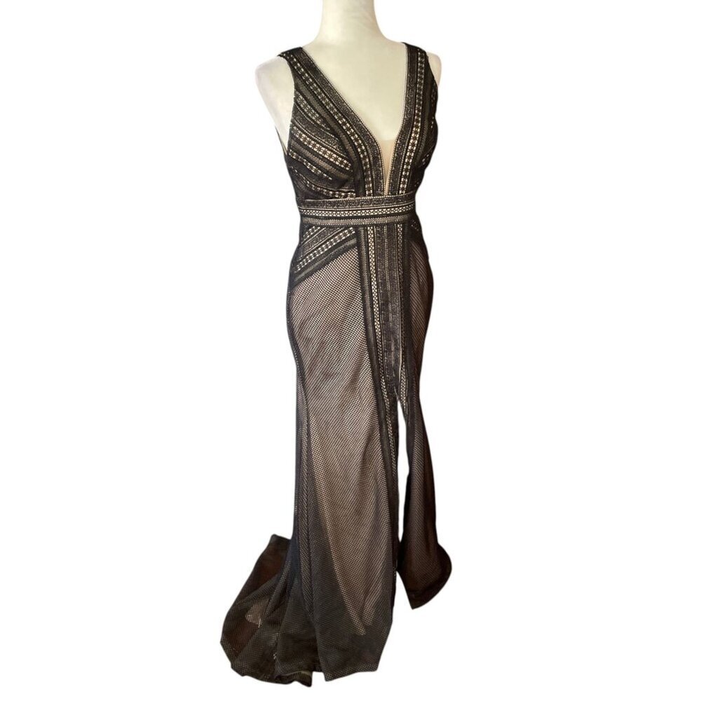 Alyce Black Lace Formal Prom Gown SZ 8 Goth Regency Long Train - Picture 2 of 14